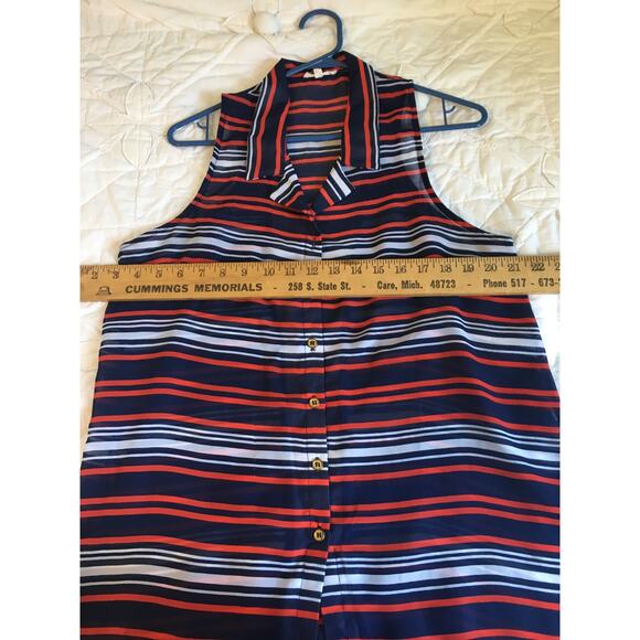 THYME & HONEY red/white/blue stripe sleeveless collared button-up blouse SZ L - Picture 6 of 6